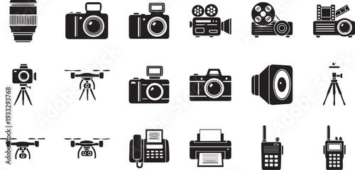 Collection of various camera and photography equipment icons