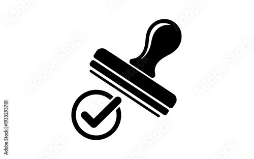 Black rubber stamp with checkmark icon for approval and confirmation purposes online