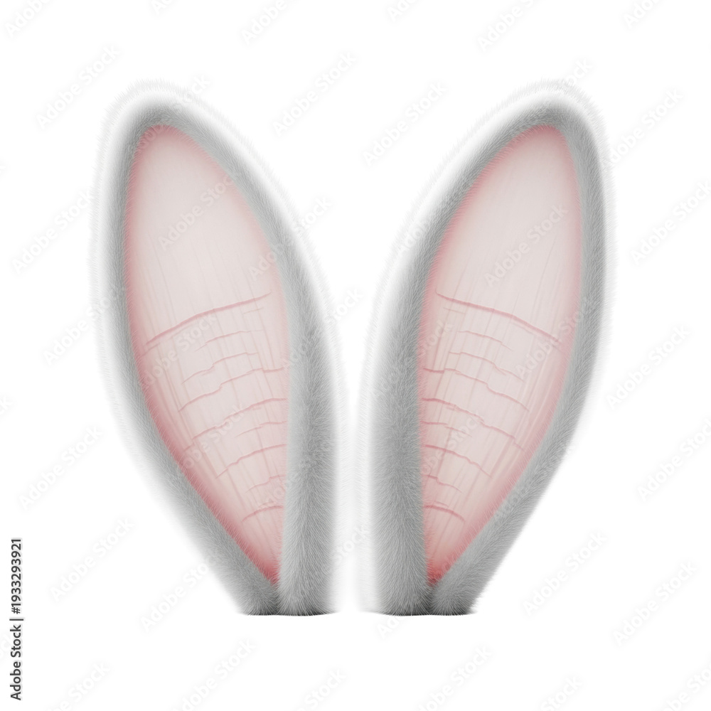Fototapeta premium Ultra-realistic macro close-up of transparent and transparent plush rabbit ears, intricate velvety texture, soft pink inner details, isolated on a smooth transparent studio background. Concept of