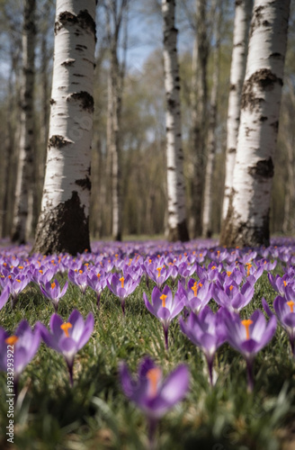 Wallpaper Mural Crocuses bloom in a stunning display of purple, carpeting the ground beneath tall birch trees. The scene radiates the beauty of spring, filled with sunlight and life Generative AI Torontodigital.ca