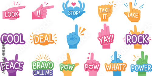 Colorful Hand Gesture Sticker Set featuring Expressive Icons like Peace, Rock, Power, Stop, Deal, Cool, Bravo, and Various Finger Poses,