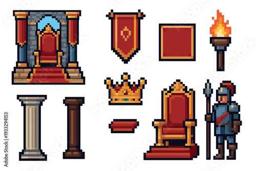 Pixel art medieval fantasy icon set with a royal throne, knight, crown, and torch for a retro 8-bit video game, featuring various castle and kingdom assets for design