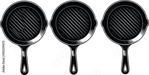 Vintage cast iron grill pan set illustration, black and white kitchen cookware vector, frying skillet collection isolated on background