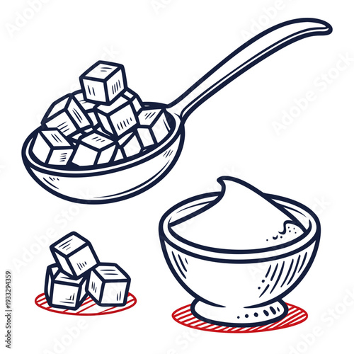Sugar cubes and granulated sugar in bowl with a spoon, ingredients for baking and sweetening, cooking essentials