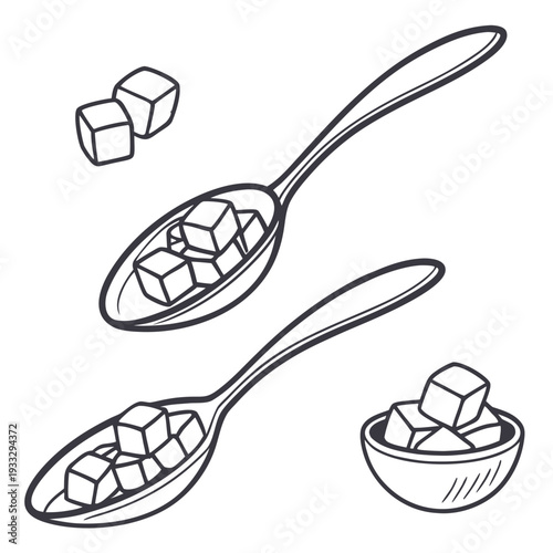 Collection of sugar cubes and spoons filled with granulated sugar in a simple line art style for sweetening and baking