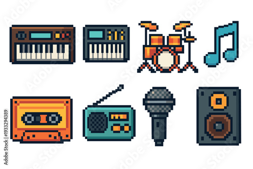 Set of pixel art music icons featuring a synthesizer, drum kit, cassette tape, microphone, radio, speaker, and a musical note in a retro 8-bit video game style
