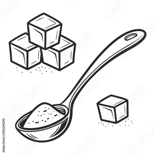 Spoon filled with granular sugar next to sugar cubes in retro sketch style for sweetening and baking applications