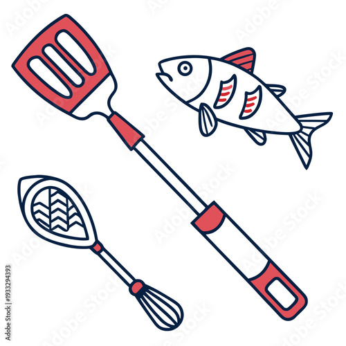 Minimalist kitchen set featuring a long handled spatula a whisk and a striped fish in red and blue tones isolated for recipe book and food design