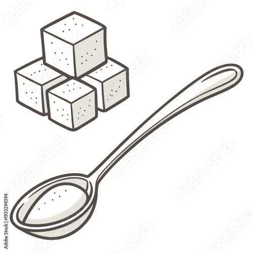 Stack of sugar cubes and a spoon with granulated sugar in a simplified hand-drawn style for sweetening and culinary use