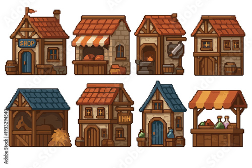 Pixel art set of medieval fantasy buildings featuring a shop, inn, blacksmith, stable, and market stall, perfect for a retro 2D role-playing game asset collection