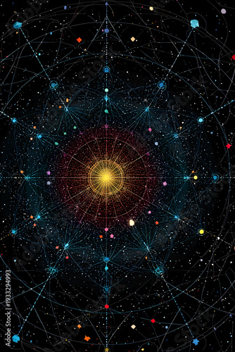 Celestial Grid with Colorful Nodes Background