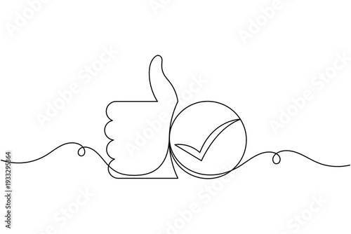 Approval success like icon continuous one line drawing on white background minimalist thumbs up verified tick sign symbol outline vector illustration