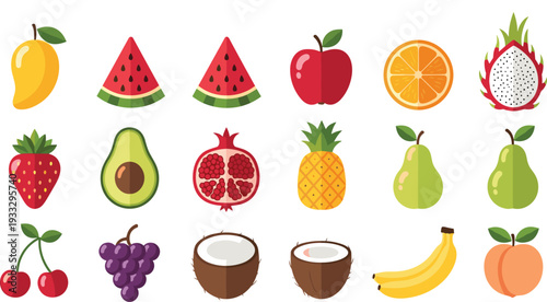 Horizontal Banner of Flat Vector Fruit Icons Featuring Pineapple, Watermelon, Peach, Fig, Papaya, Orange, Melon, Apple, Avocado, Banana, and Berries