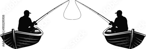 Black silhouette illustration of two fishermen in rowboats, fishing lines forming loop connection, outdoor sport fishing artwork, nature aquatic lifestyle, peaceful fishing scene