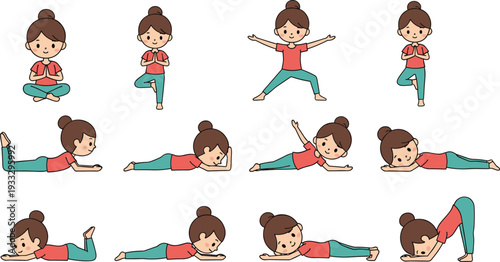 Cartoon girl yoga poses, meditation, tree pose, warrior pose, cobra pose, downward dog, side stretch, fitness exercise illustration, healthy lifestyle vector design