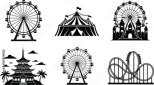 Black and white amusement park silhouette illustration, Ferris wheel, circus tent, roller coaster, pagoda building, castle landmark, cultural entertainment travel artwork design