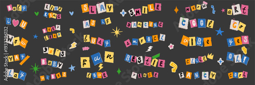 Colorful lettering collage elements in doodle sketch style. Y2K words and expressive phrases for scrapbook stickers and digital planning graphics.
