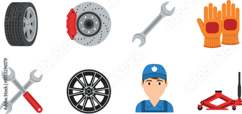 Professional Car Repair Service Vector Icons Featuring Tire Wheels Brake Disc Wrench Tools Work Gloves Mechanic Avatar and Red Hydraulic Jack