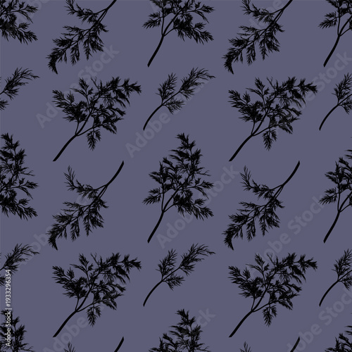 Dill plant. Monochrome botanical seamless pattern drawing of fragrant herbs and spices. Graphic ink vector. Good for decoration of cooking, menu, decor, stickers, tea, kitchens