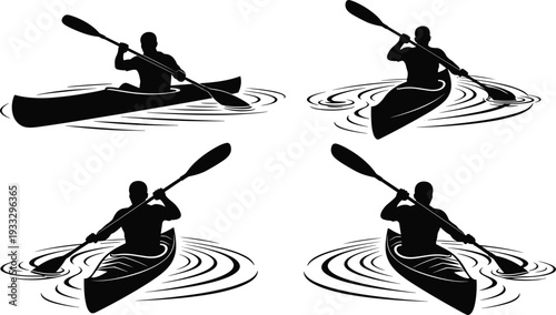 Black and white kayaking silhouette illustration, active paddler rowing in water, outdoor sport adventure, dynamic kayak motion, water ripples, fitness lifestyle, recreation design