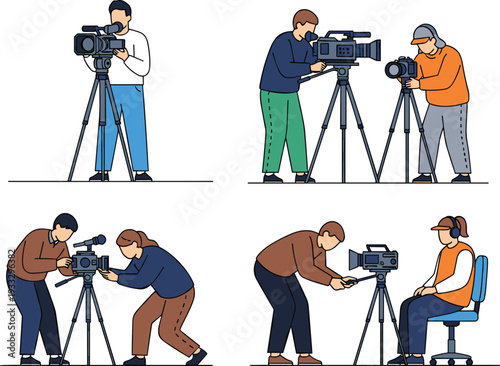 Professional Videographer Character Set featuring Camera Operators with Tripods, Digital Movie Cameras, Film Crew Working on Set, and Media Production,