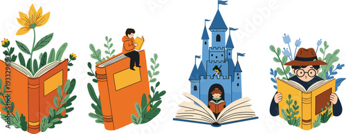 Reading and Storytelling Illustration Set featuring Fantasy Castle, Open Book with Flowers, Person Reading on Book, and Young Boy Reader