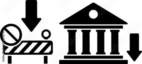 Bank building and road barrier with downward arrow silhouette isolated on white background vector