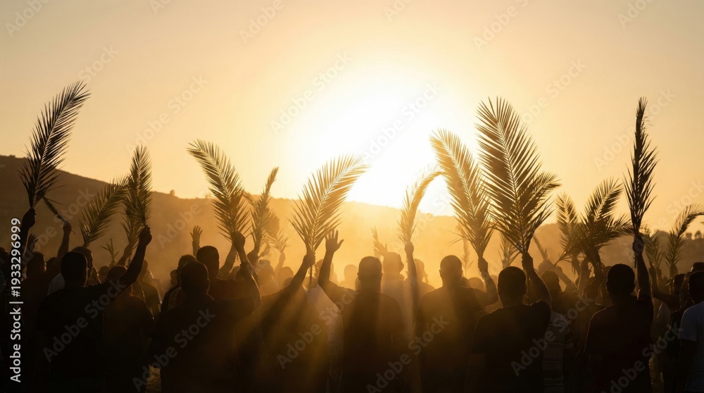 Naklejka premium Silhouetted men raising palm branches against a bright sunset. Palm Sunday celebration worship concept for Christian holiday.
