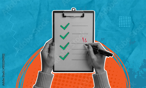 A trendy halftone pop art collage depicting a hand writing notes and a checklist on a piece of paper. Concept of completing a daily task. Vector illustration.