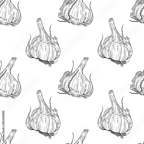 Head of garlic . Monochrome botanical seamless pattern drawing of fragrant herbs and spices. Graphic ink vector. Good for decoration of cooking, menu, decor, stickers, tea, kitchens