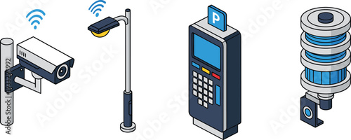Smart city infrastructure isometric icons featuring wireless security camera, automated parking meter, intelligent street light, and industrial electrical components set.