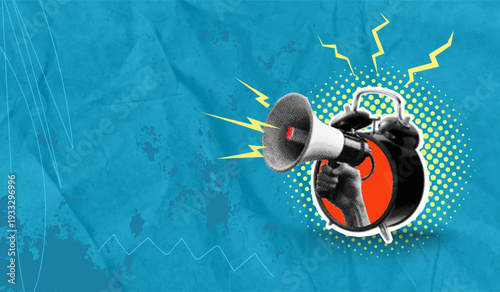 A trendy halftone pop art collage: a hand with a megaphone emerges from an alarm clock on a blue background, with space for text and advertising. Advanced advertising concept. Vector illustration.