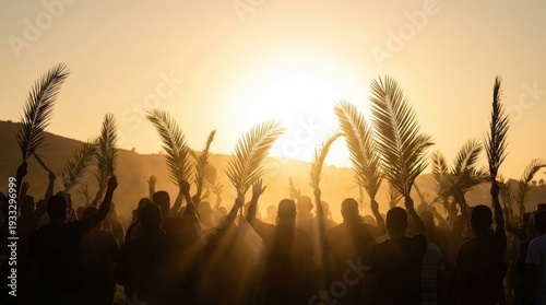 Silhouetted men raising palm branches against a bright sunset. Palm Sunday celebration worship concept for Christian holiday.