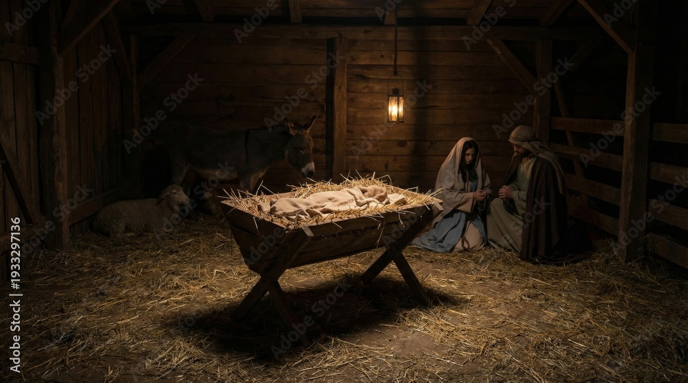 Naklejka premium Nativity scene with baby Jesus in manger, adult man, and woman kneeling. Christian religious concept for Christmas holiday.