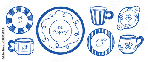 Hand-drawn line art collection of plates and mugs with different decor. Clip art of cute ceramic tableware, set of dishes, cups and crockery illustration in blue color isolated on white background. 