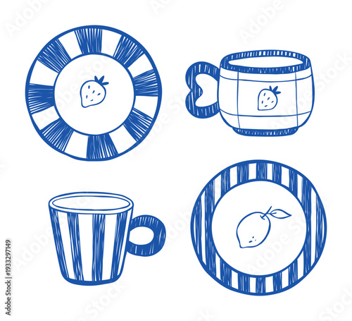 Set of vector hand-drawn two mugs and two plates with cute decor. Cute crockery in line art style isolated on white background. Illustration for scrapbook, stationery design, tableware shop logo. 