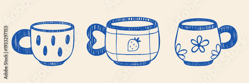 Collection of vector hand-drawn three mugs with cute decor. Ceramic cups in line art style isolated on creamy background. Sketch illustration for web banner, scrapbook, crockery shop logo. 