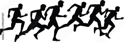 Running men silhouette set showing sprint motion speed fitness training race competition athletic performance black white vector illustration