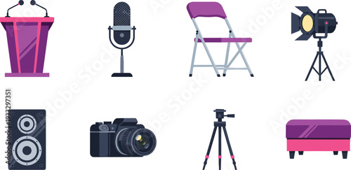 Stage Event and Media Production Icon Set featuring Podium, Studio Microphone, Folding Chair, Stage Light, Speaker, DSLR Camera, and Tripod