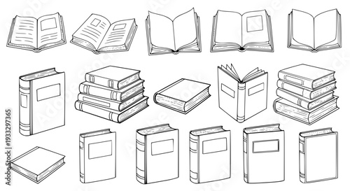 Books collection set with various styles and orientations, line drawings. featuring illustrations,