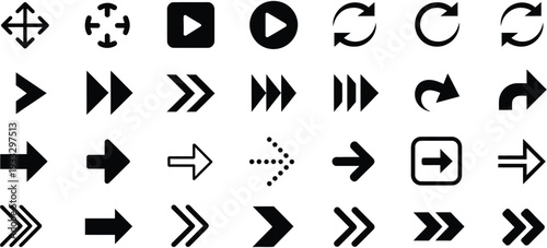 comprehensive black arrow and media UI icon set featuring playback buttons, fast forward symbols, halftone dotted pointers, isolated on white background for web design, mobile apps, digital interfaces