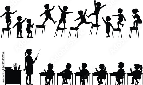 Silhouette of children jumping on chairs and classroom scene with teacher and students isolated on white background education behavior and school concept illustration