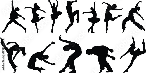 Dancing people silhouette set with ballet modern jazz dancers performing dynamic poses movement illustration black white vector design