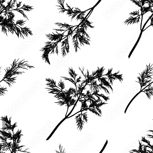 Dill plant. Monochrome botanical seamless pattern drawing of fragrant herbs and spices. Graphic ink vector. Good for decoration of cooking, menu, decor, stickers, tea, kitchens