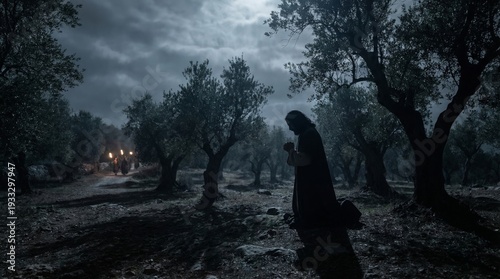 Man, Jesus Christ, praying in the Garden of Gethsemane at night, with an approaching crowd carrying torches. Religious prayer concept.