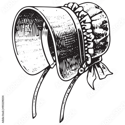 Vintage Victorian Bonnet Hat Fashion Accessory Hand Drawn Engraving Illustration