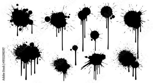 Ink splatters set with black splashes and drips featuring grunge, texture, messy with stains and