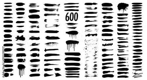 Brush strokes grunge set with black paint swashes, ink smears, drips, and splatters featuring