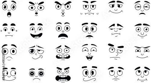 comprehensive cartoon facial expression set featuring diverse eyes and mouths representing shock, anger, sadness, isolated on white background for character design, digital illustration, stickers, emo