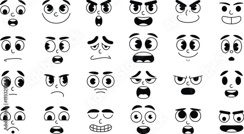 comprehensive cartoon facial expression set featuring diverse eyes and mouths representing shock, anger, sadness, isolated on white background for character design, digital illustration, stickers, emo